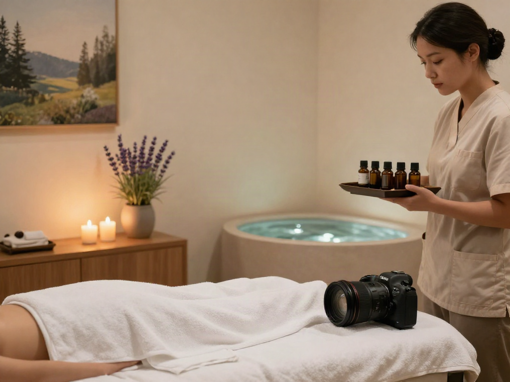 Serene spa room prepared for 남양주출장안마 with candles and essential oils.