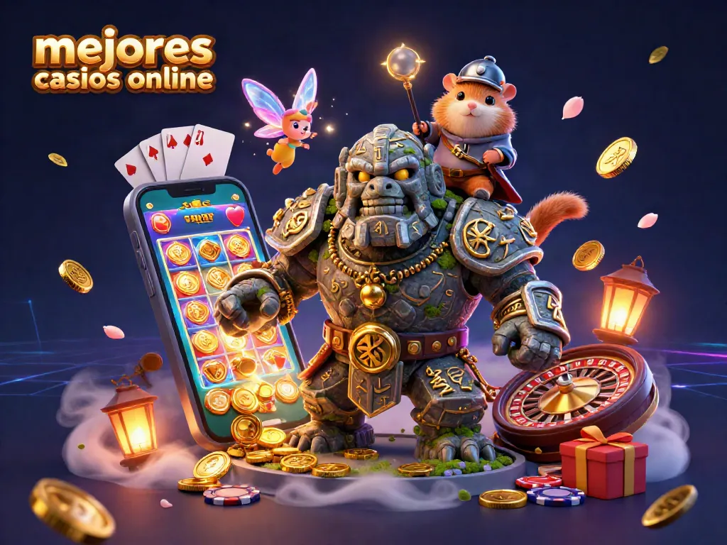 Explora los mejores casinos online mientras juegas con oro y magia en una escena de casino vibrante.
