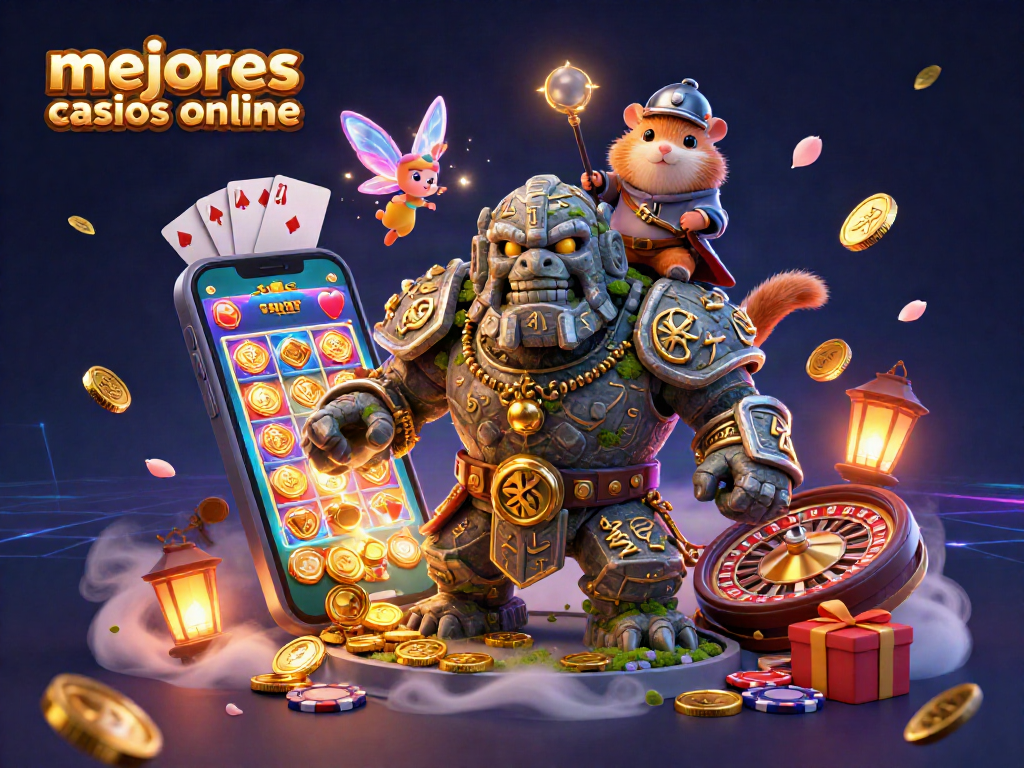 Explora los mejores casinos online mientras juegas con oro y magia en una escena de casino vibrante.