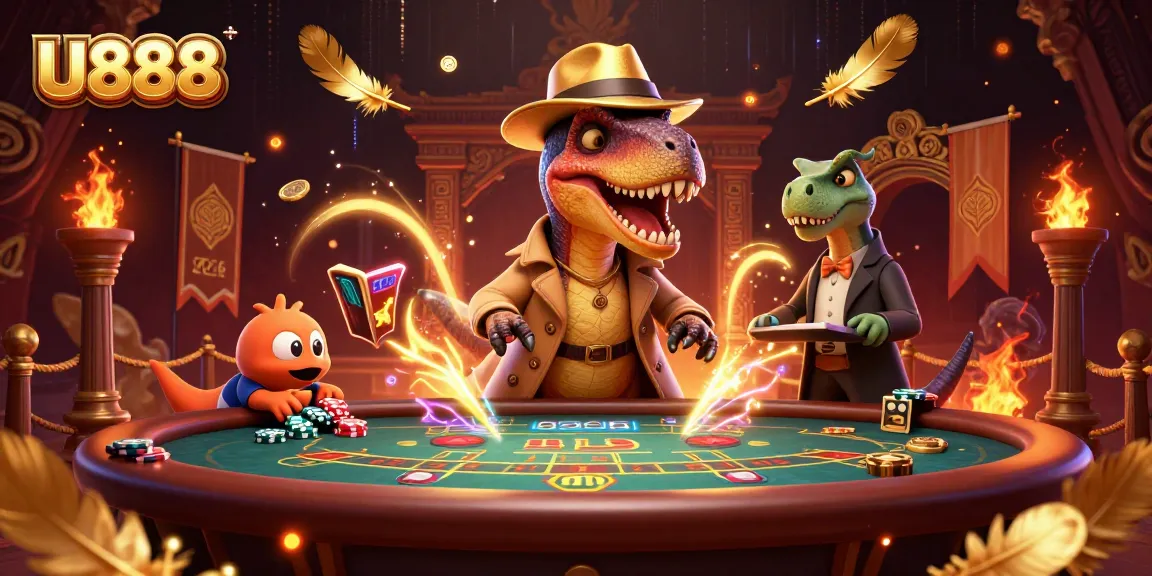 U888 features a cartoon velociraptor counting cards at blackjack with casino elements around.