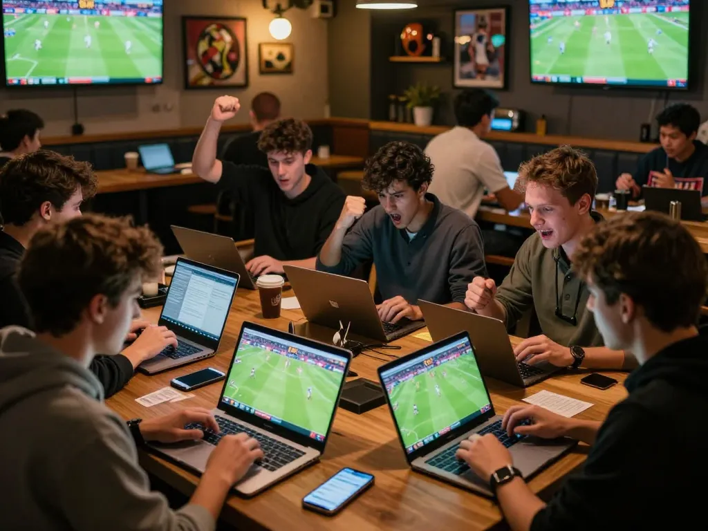 Fun88 enthusiasts placing live bets during a football match at a vibrant sports bar, capturing the excitement of strategic gambling.