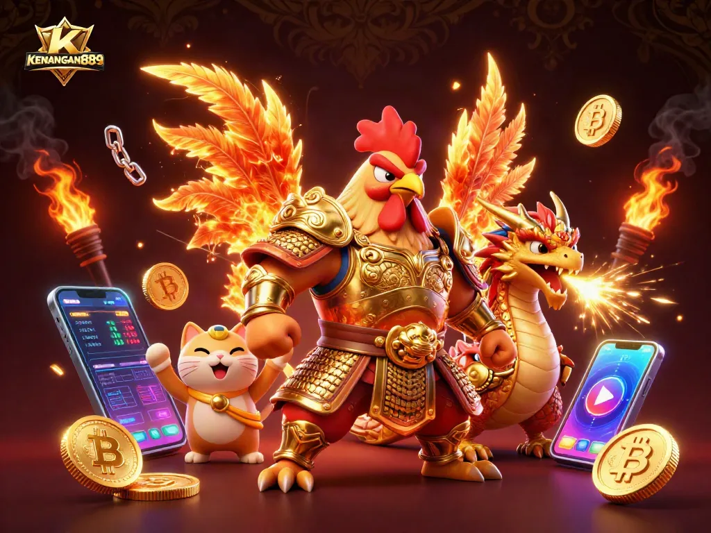 KENANGAN889 showcases an epic battle scene with a rooster warrior, dragon hatchling, and fortune cat amid cryptocurrency elements.