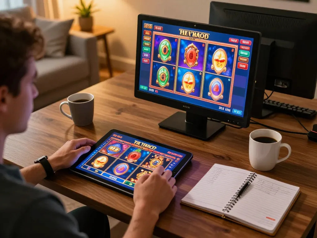 Player enjoying slot bet 200 on a tablet at home, immersed in online gaming experience