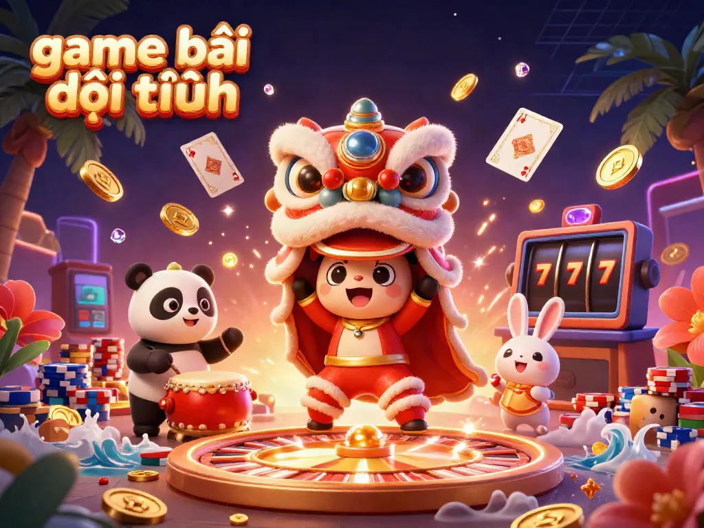 Experience thrilling game bài đổi thưởng action with festive characters, cascading coins, and vivid casino elements.