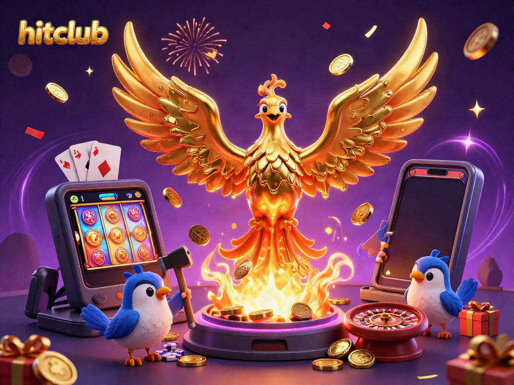 Experience exciting wins with Hitclub's vibrant casino scene featuring a molten gold phoenix.