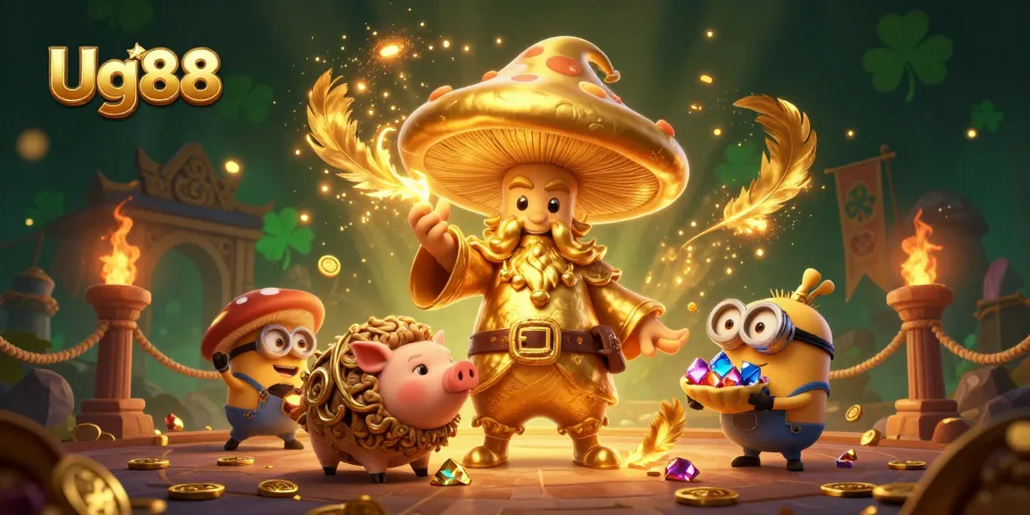 Experience Ug88's magical casino realm with golden treasures and vibrant characters.