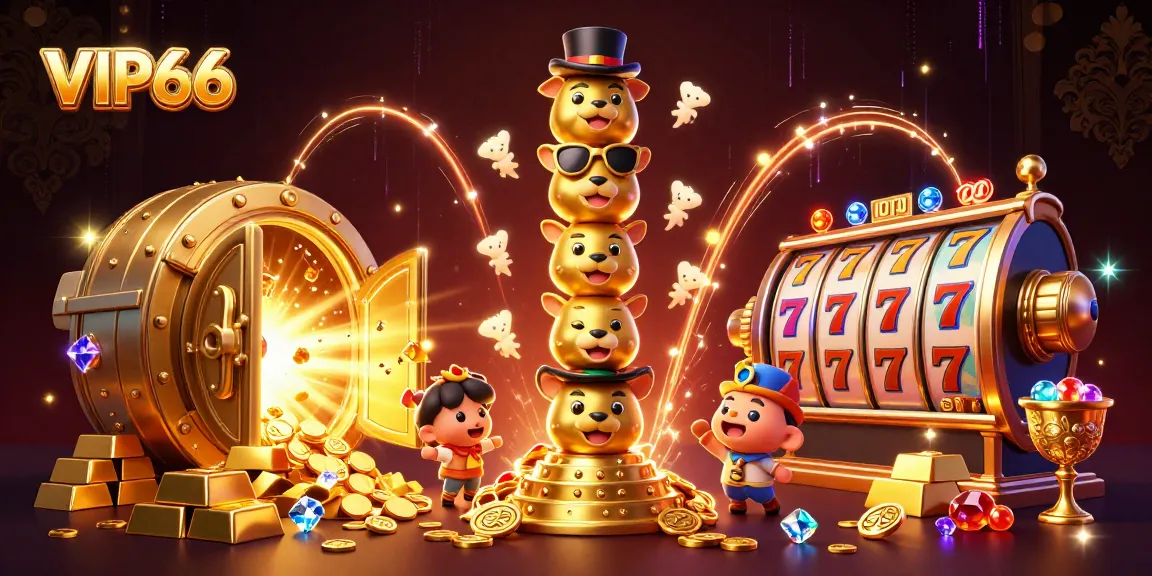 Experience thrilling wins with VIP66 in a vibrant 3D casino illustration of dynamic slot reels.