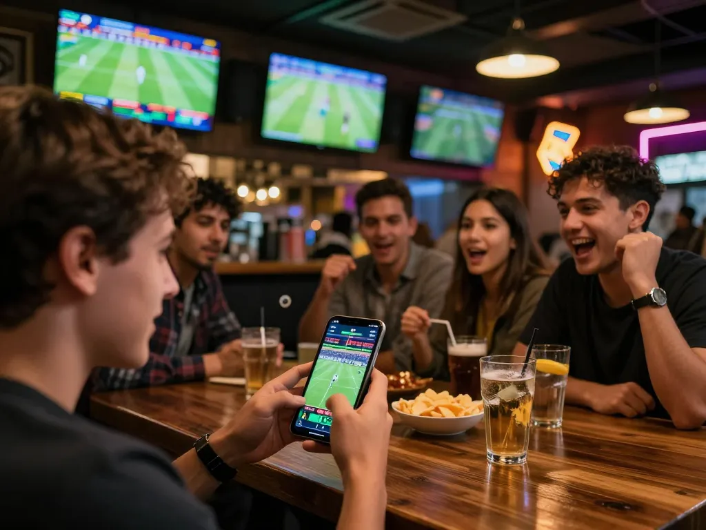 Person placing bets on kèo nhà cái during a live football match on smartphone, lively sports bar atmosphere.