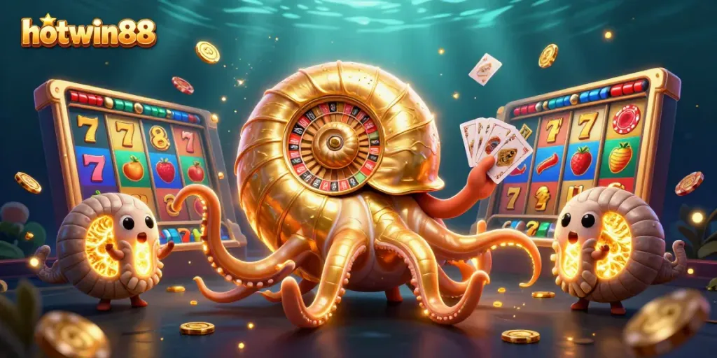 Explore hotwin88 with vibrant casino elements and a giant nautilus in a dynamic gaming scene.