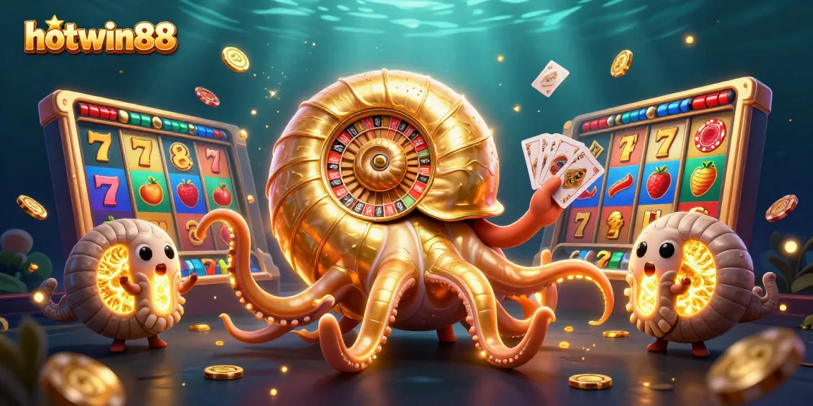 Explore hotwin88 with vibrant casino elements and a giant nautilus in a dynamic gaming scene.
