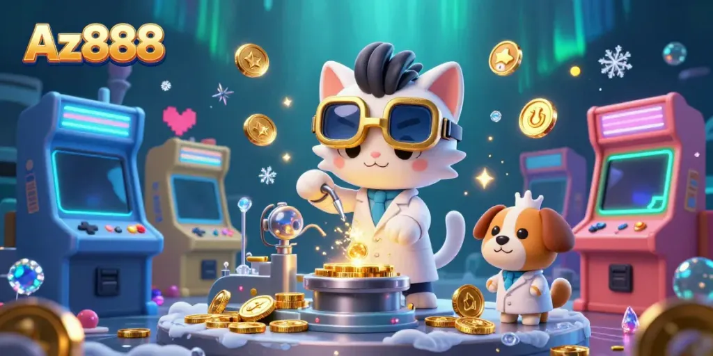 Spin the reels at Az888 with a vibrant scene of cartoon characters creating gold coins among arcade machines.