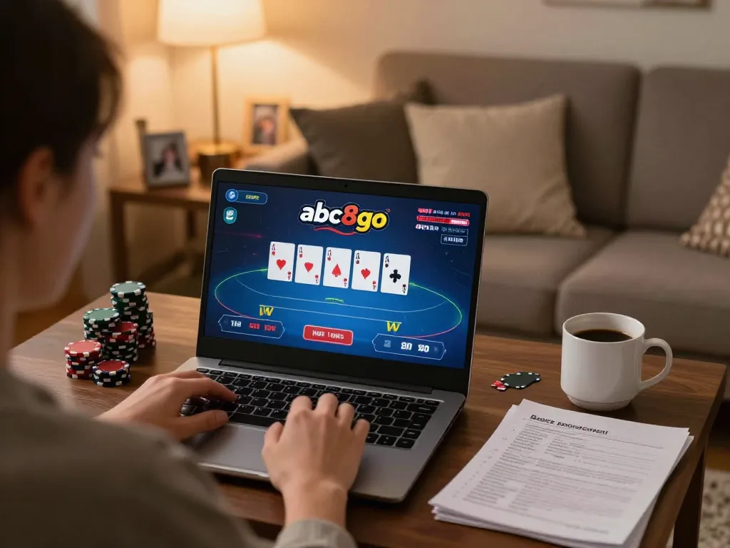 Person playing poker online at abc8go on laptop with strategic notes visible.