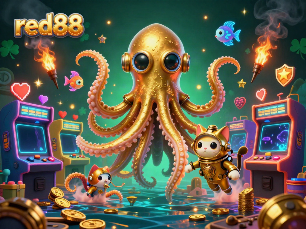 Engage with red88 online gaming featuring a colossal kraken and diving cat amidst vibrant casino elements.