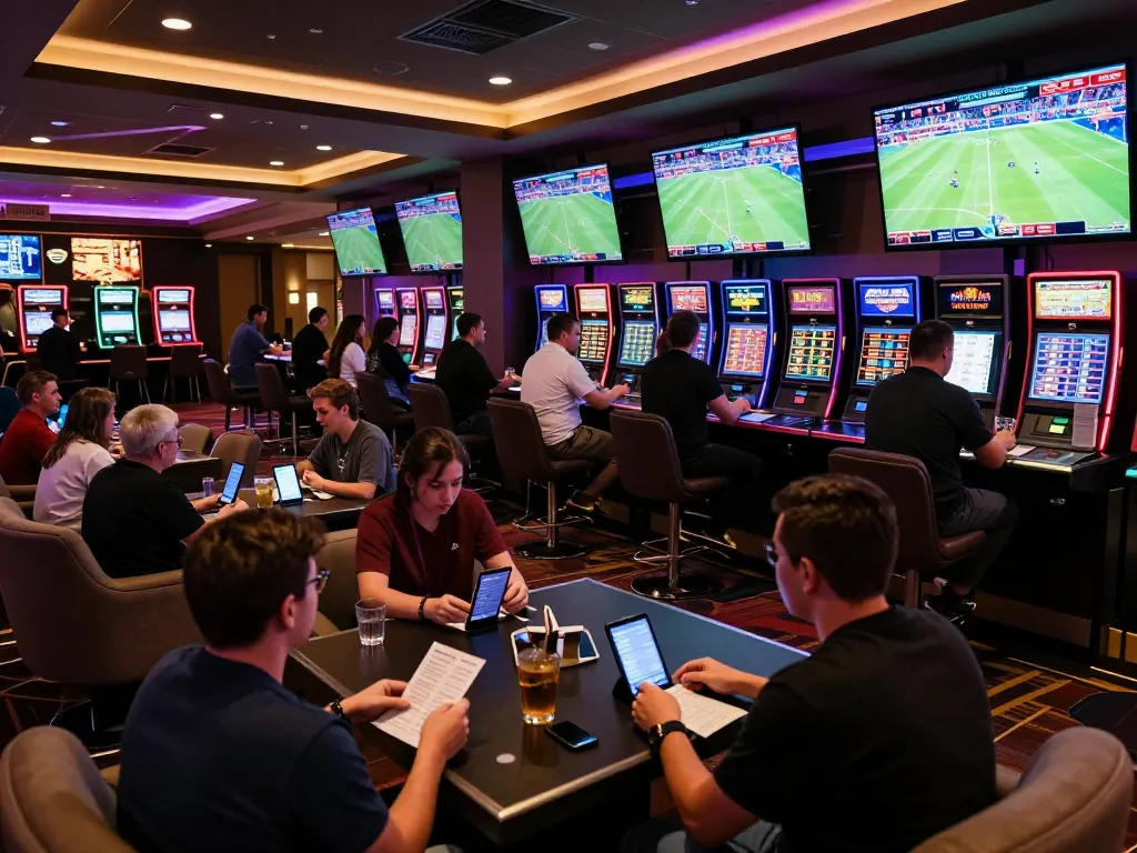 Excitement at the keobongda sports betting lounge with live match displays and engaged bettors.