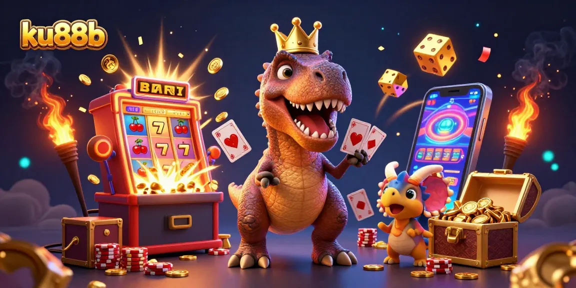 Engage with ku88b's thrilling casino experience featuring a playful T-Rex and friends.