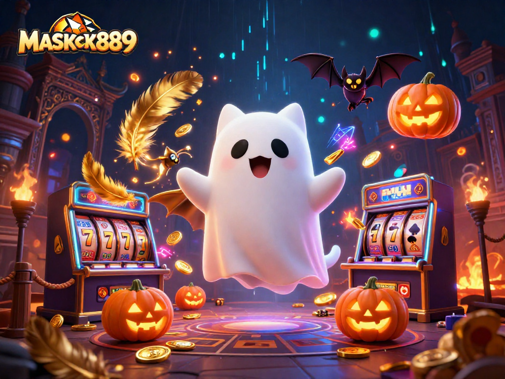 Enter the thrilling world of MASKOKI889 with a ghost cat and vibrant casino elements alive with excitement.