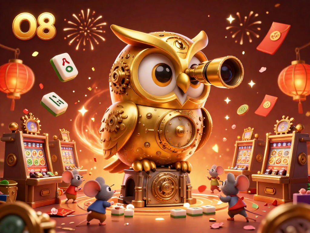 O8's golden owl oversees the bustling casino scene filled with festive game elements and excitement.