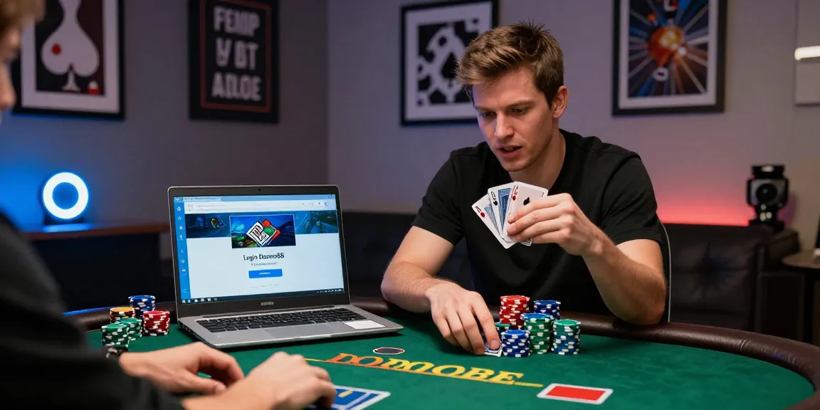 Action-packed scene of a player immersed in the Login Domino88 poker game with vibrant chips and cards.