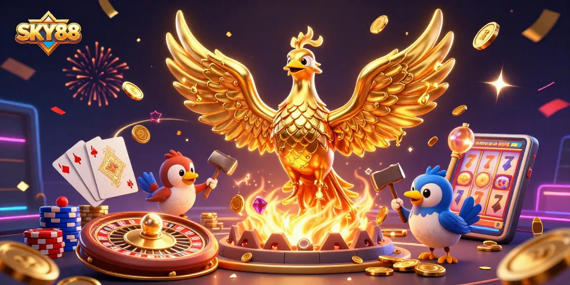 Witness the golden phoenix of SKY88 soaring among shimmering coins, embodying thrilling gambling adventures.