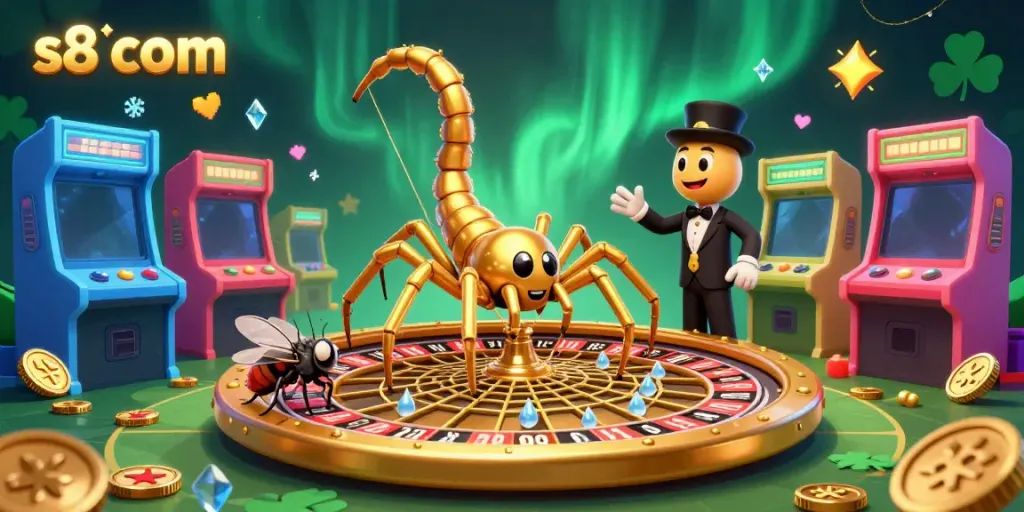 Engage with s8 com by placing bets at a vibrant casino scene with a golden spider and colorful game elements.