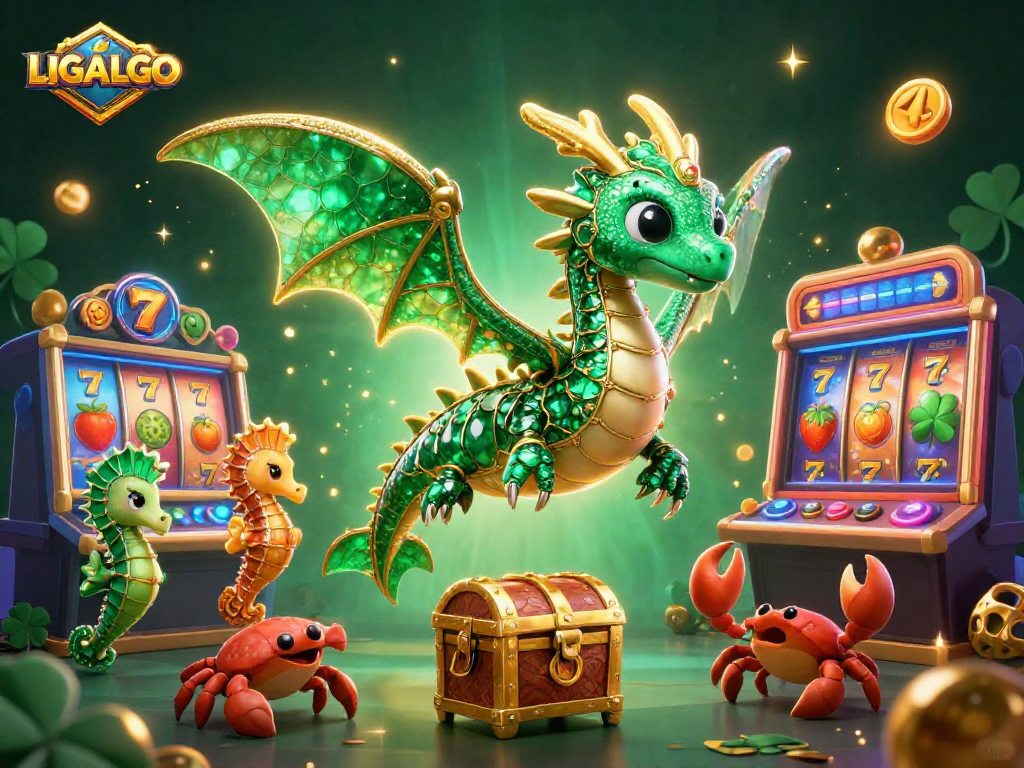 LIGALGO offers an exciting scene where a sea dragon and friends celebrate wins at colorful slot machines.