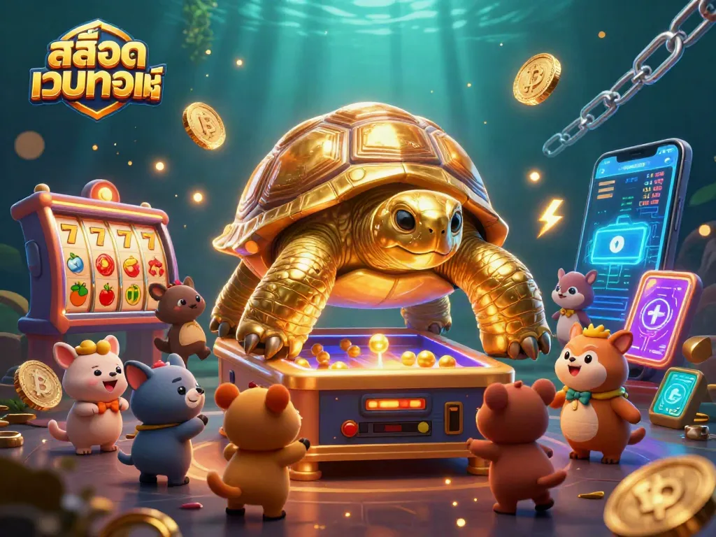 เกมคาสิโนสล็อตเว็บตรงแท้กับเต่าใหญ่มากมายที่เล่นกับลูกบอลทองคำอย่างสนุกสนาน