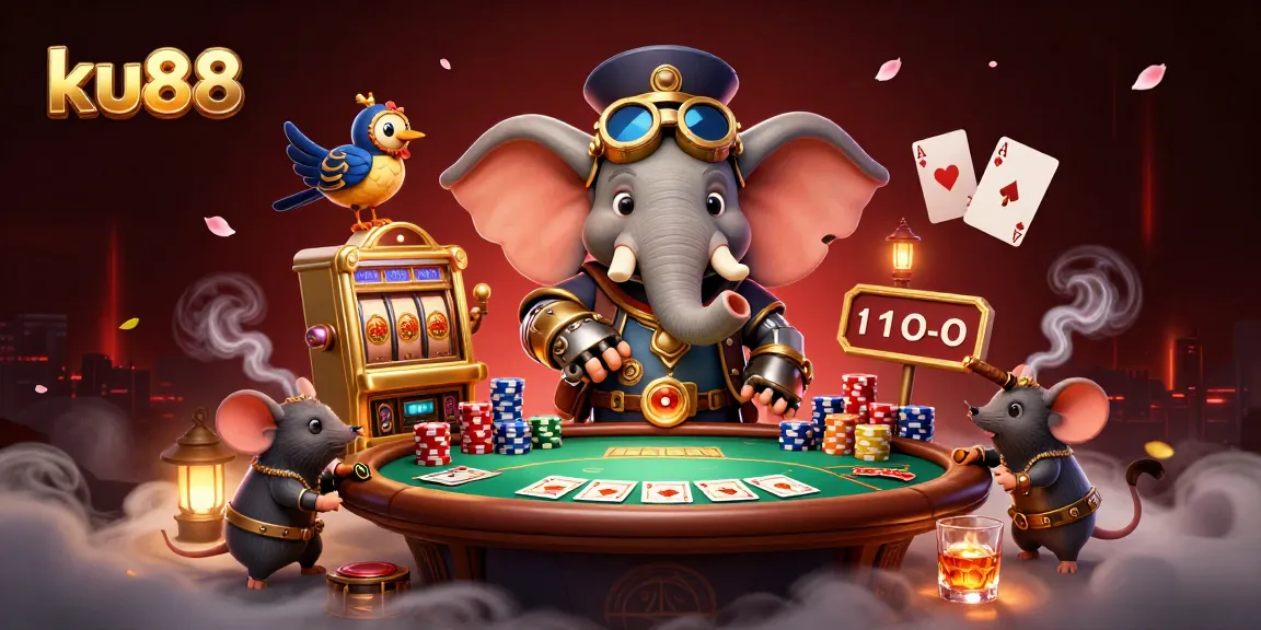 Spin the golden slot machine with ku88, featuring a steampunk elephant and vibrant casino elements.