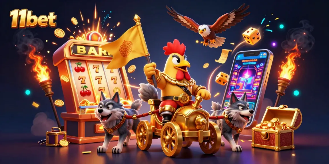 Experience the excitement of 11bet with a cartoon rooster warlord leading an epic casino adventure.