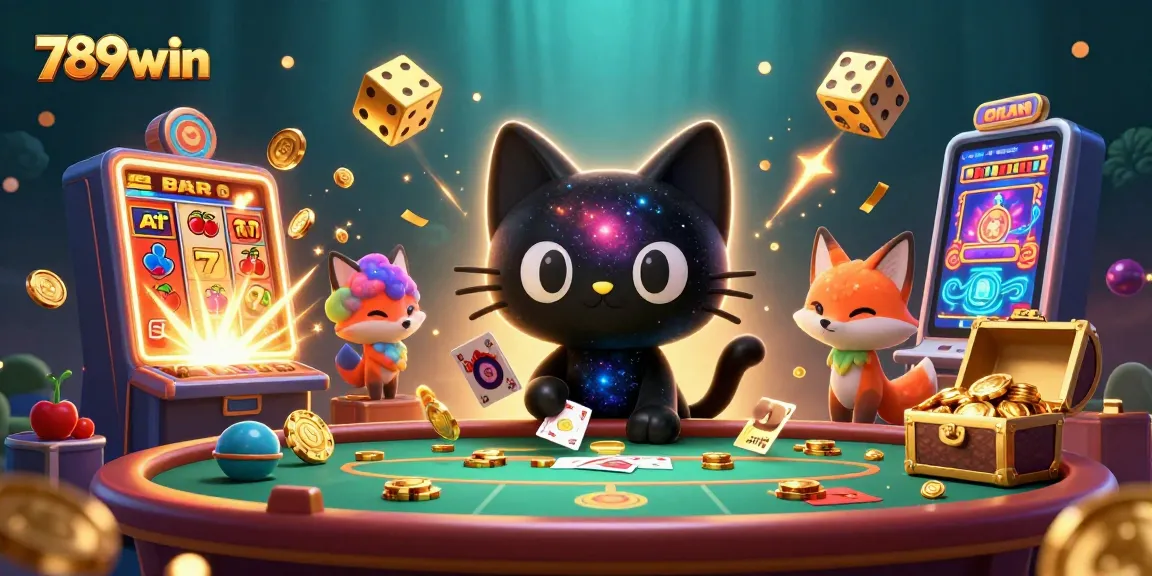 Gamble at 789win with captivating visuals of a cosmic cat and fox amidst a vibrant casino scene.