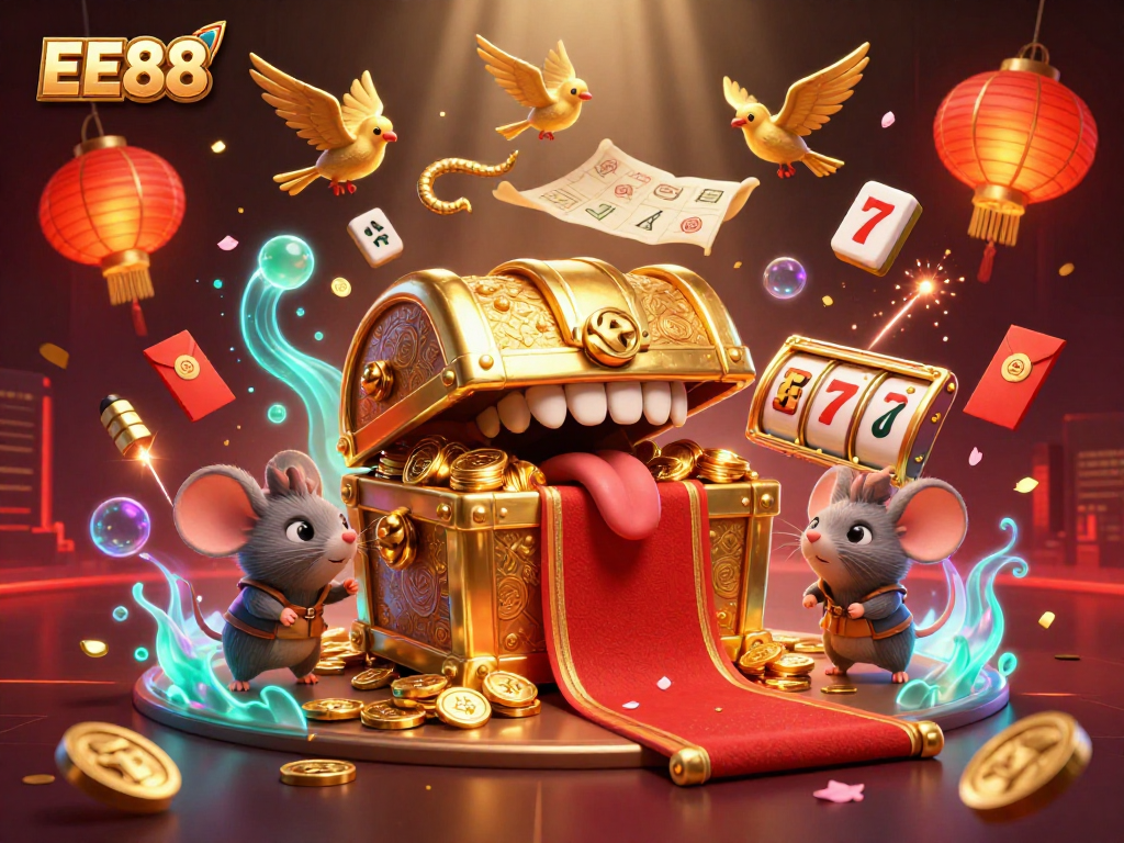 Engage with EE88's vibrant casino world featuring a treasure chest and rich gaming elements.
