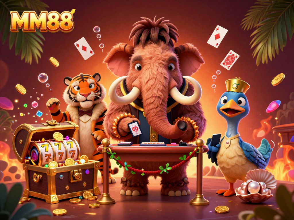 Experience the vibrant energy of MM88 with a bustling casino scene featuring playful characters and dynamic game elements.