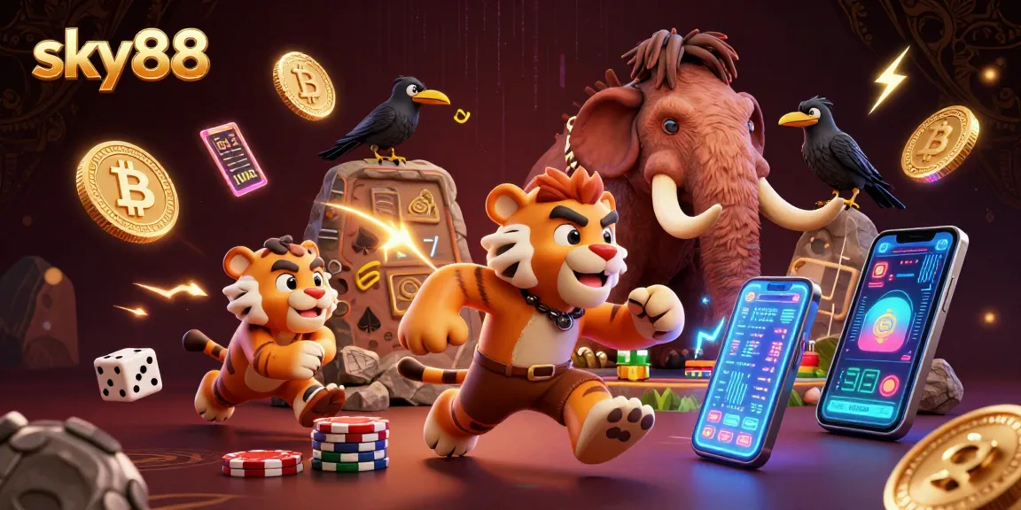 Engage in exciting gameplay at sky88, featuring a cartoon caveman and sabertooth duo in a prehistoric casino.