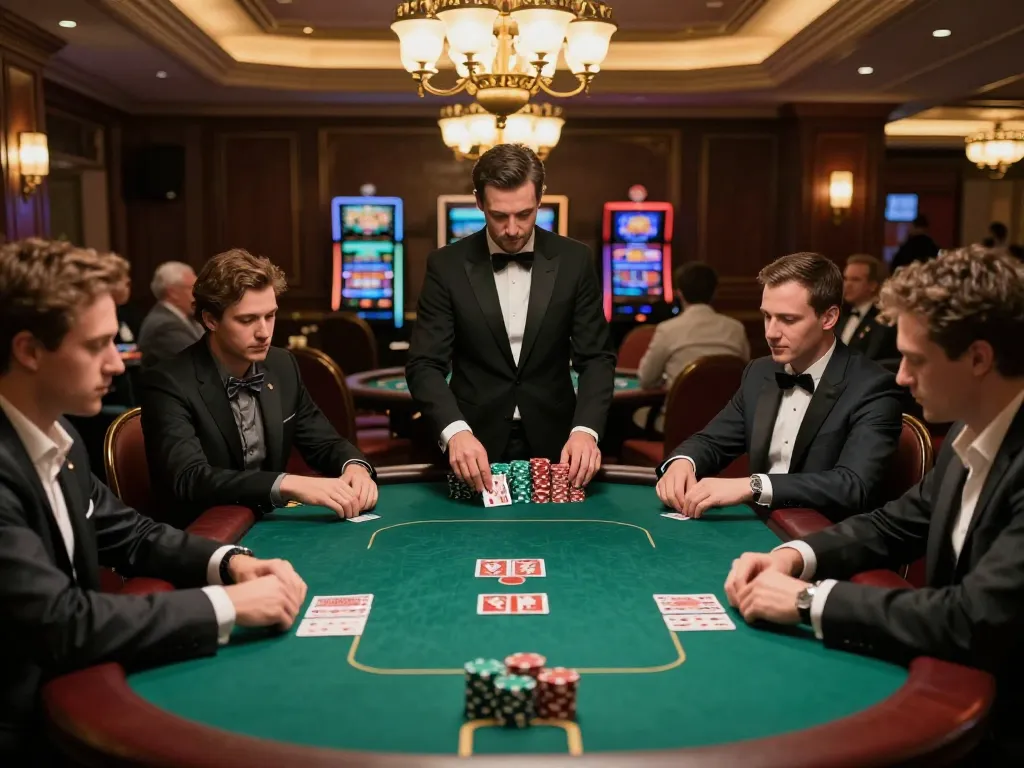 Engaged players strategizing at a poker table, showcasing top game bài đổi thưởng in a luxurious casino setting.