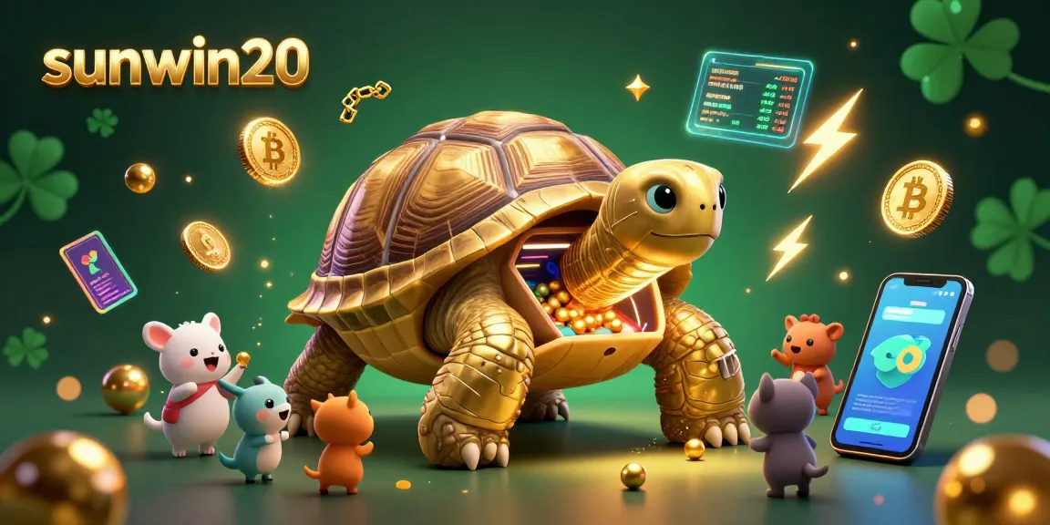 Engage with sunwin20 in a vibrant casino scene featuring a golden tortoise pinball machine and sparkling cryptocurrencies.