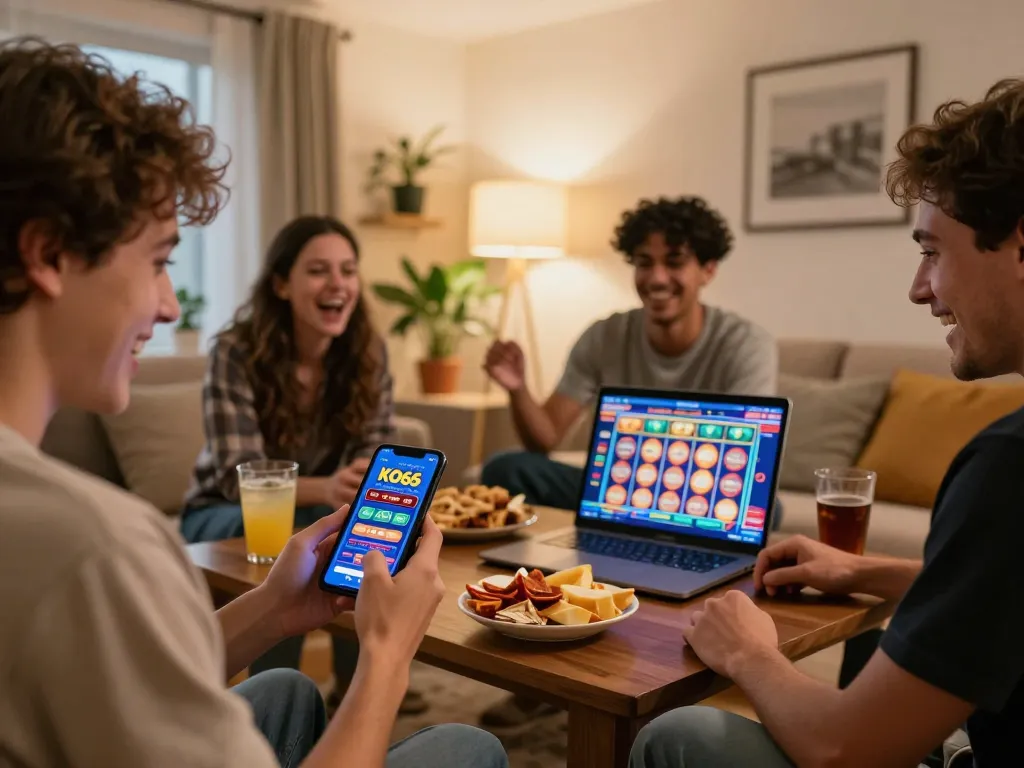 Các người chơi đang sử dụng ứng dụng KO66 trên điện thoại thông minh trong một buổi chơi game tại nhà đầy thú vị
