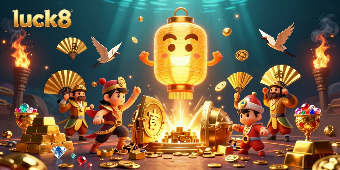 Experience luck8’s enchanting casino world with glowing lantern spirit and golden treasures.
