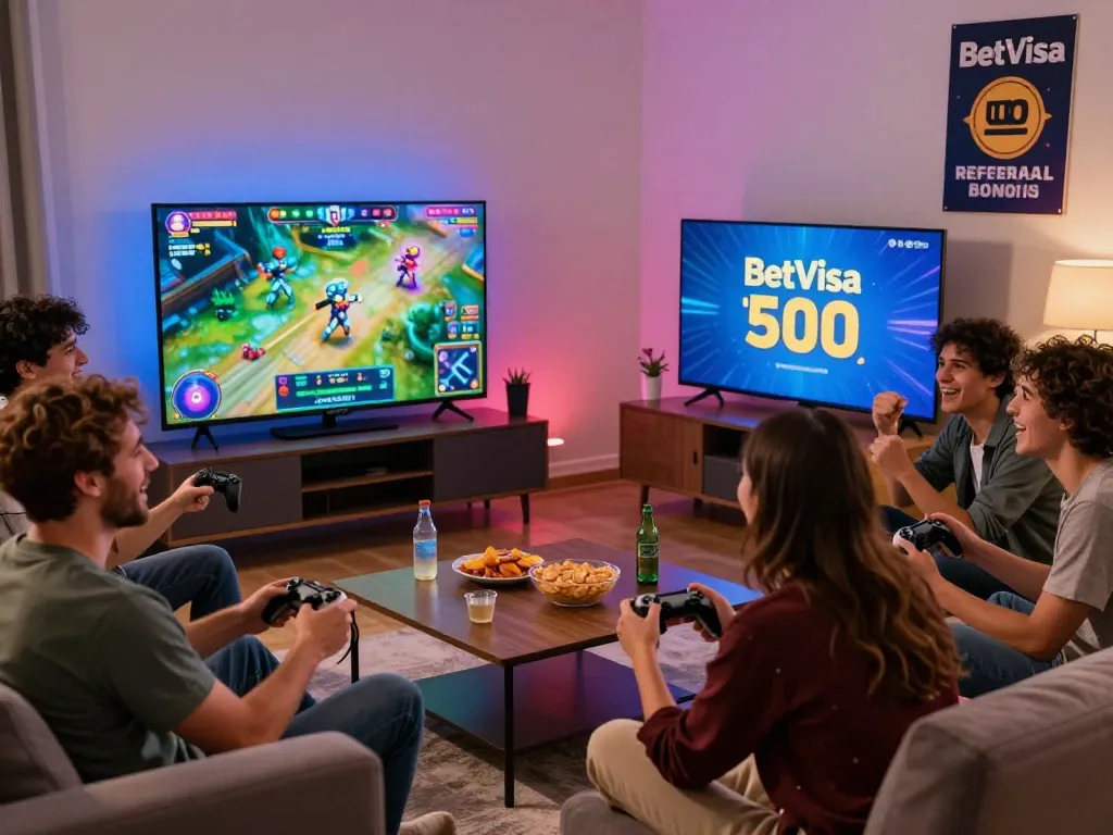Friends enjoying BetVisa referral bonus gaming session, vibrant atmosphere, and engaging gameplay.