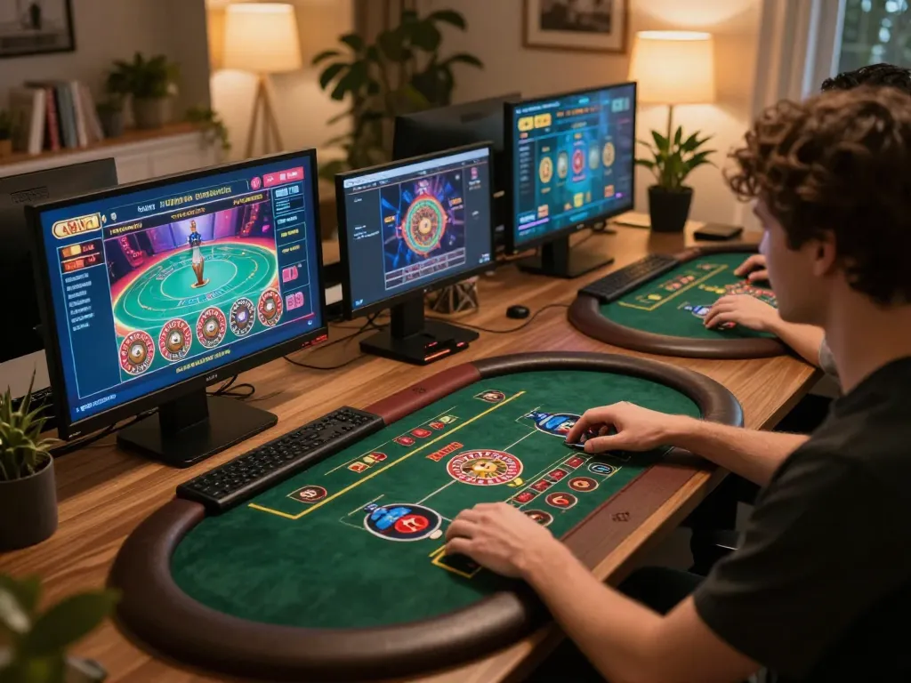 Player engaged in online gaming on fabet, placing bets at multiple casino games in a cozy setup.