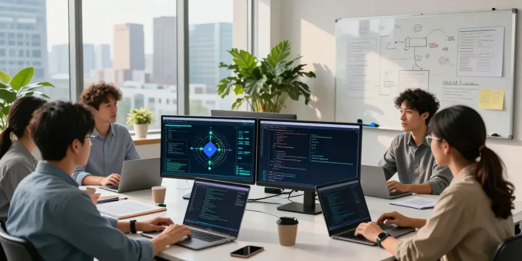 Enterprise AI development team collaborating on innovative solutions in modern office.