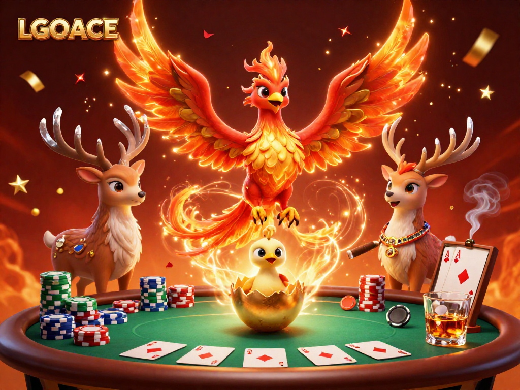 LGOACE captures a vibrant 3D casino scene with a phoenix and poker elements.