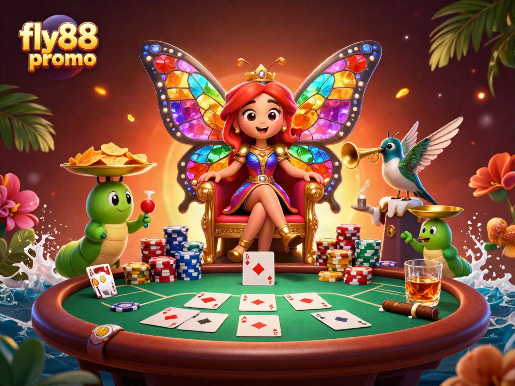Witness the fly88 promo with a vibrant 3D illustration of a butterfly queen surrounded by poker elements.