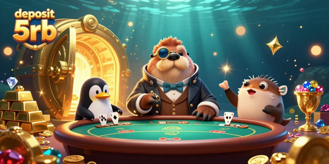 Catching the thrill of deposit 5rb, a jolly walrus competes at an underwater poker table with vibrant treasure elements.