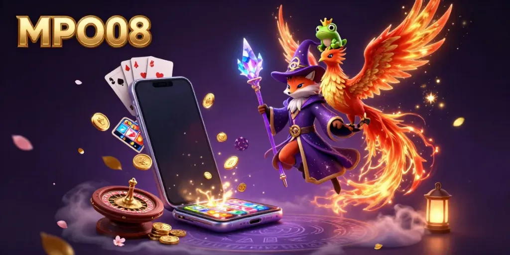 MPO08 provides an immersive sports betting experience with dynamic visuals of gaming elements and magical characters.