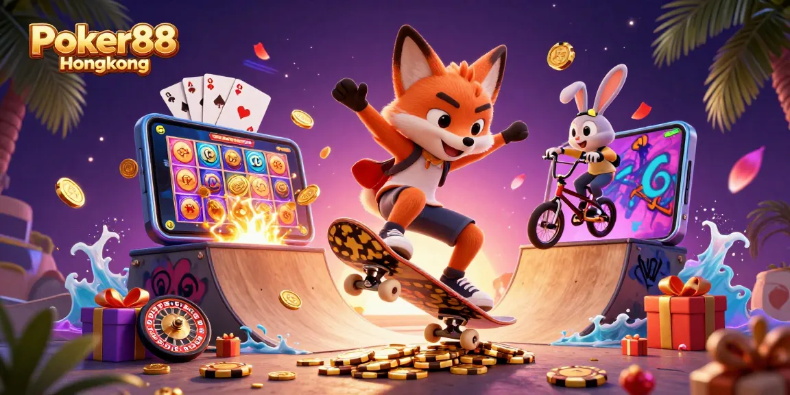 Poker88 Hongkong showcases thrilling casino fun with a skateboarder fox and BMX rabbit among dynamic game elements.