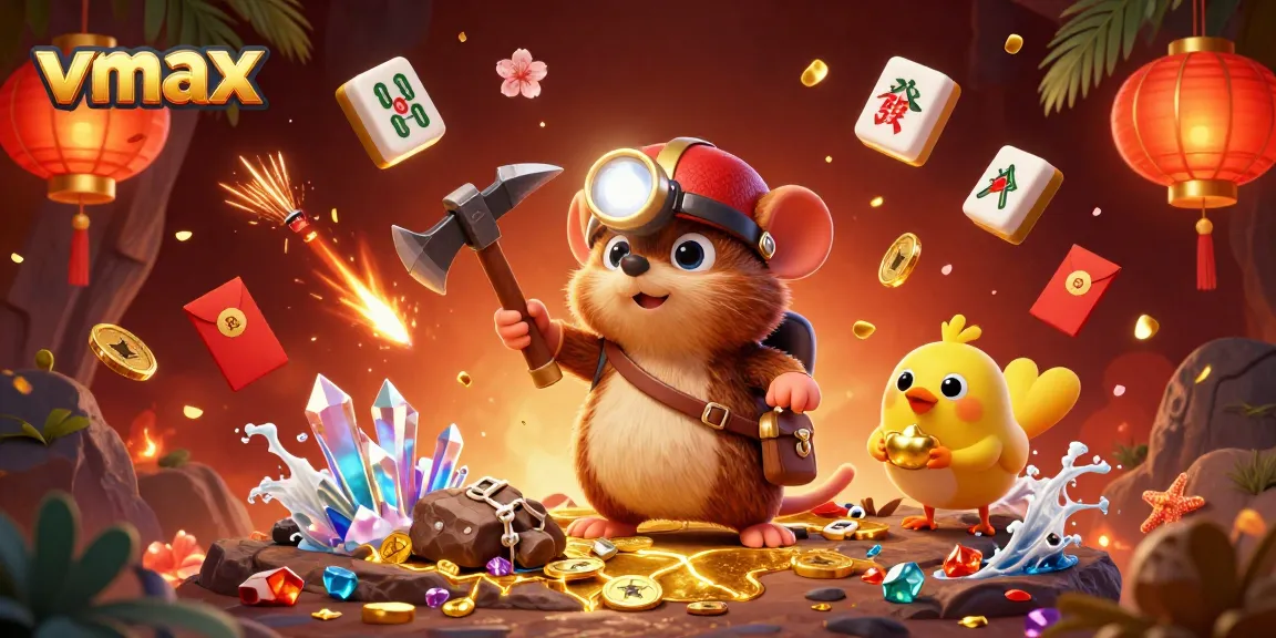 Engage in thrilling gameplay at vmax with a vibrant digital illustration of a treasure hunter mole and lucky canary.