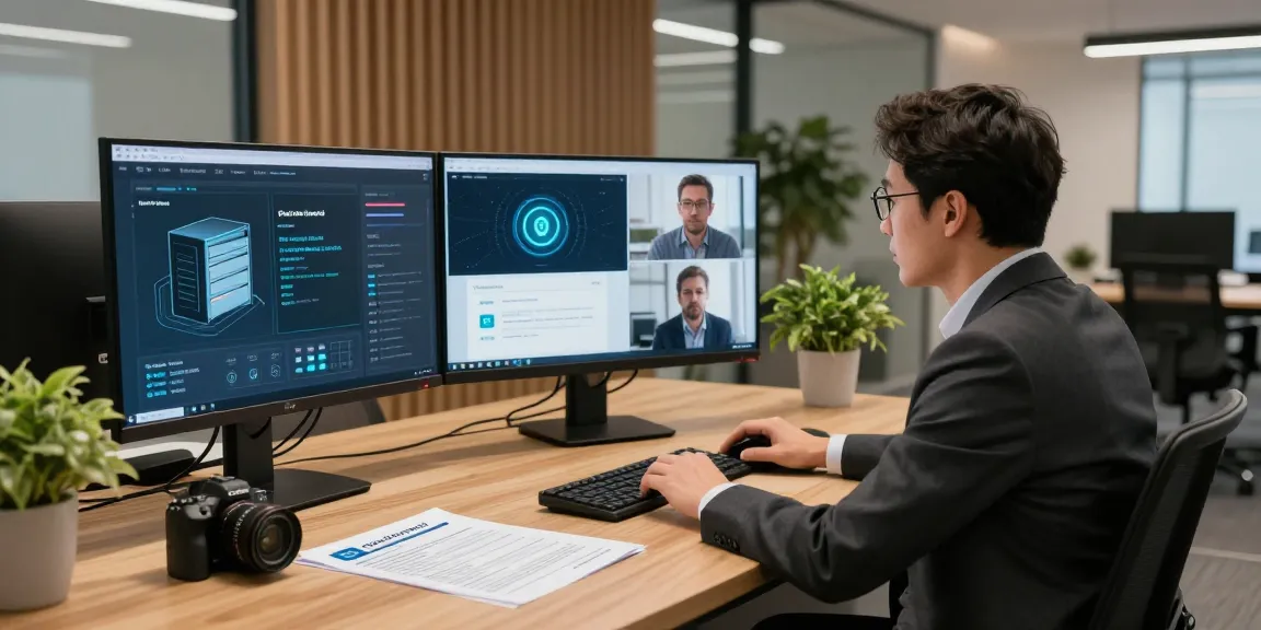 Cyber Essentials insurance discussion in a modern office setting with a professional reviewing security measures.