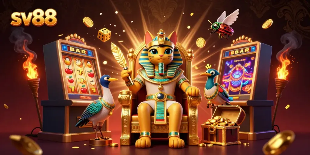 Engaging scene with sv88 branding featuring a cartoon pharaoh cat surrounded by jackpot elements and a vibrant casino atmosphere.
