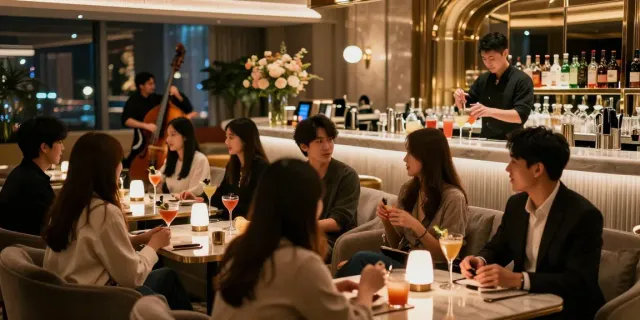 강남세이렌 쩜오의 고급스러운 라운지에서 고객들이 시그니처 칵테일을 즐기고 있는 모습