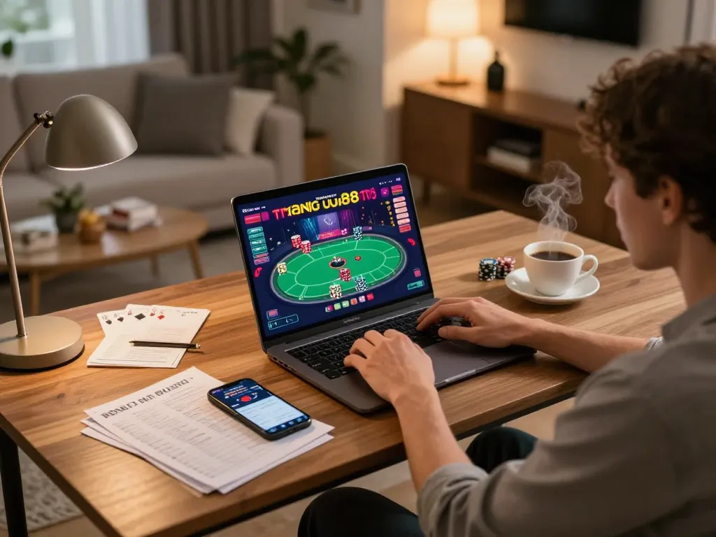 Engaging with online poker at trang chủ uu88, showcasing a stylish home office setup.