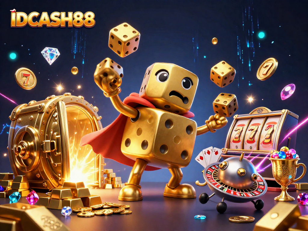 Win at IDCASH88 by rolling golden dice with jackpots and treasure in a vibrant casino illustration.